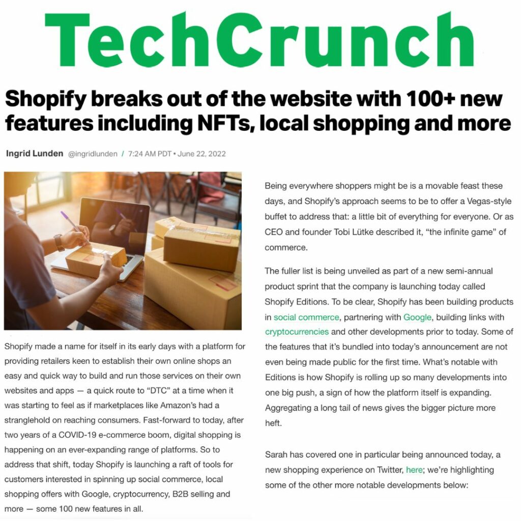 Shopify Tc Https Techcrunch.com 2022 06 22 Shopify Breaks Out Of The Website With 100 New Features Including Nfts Local Shopping And More